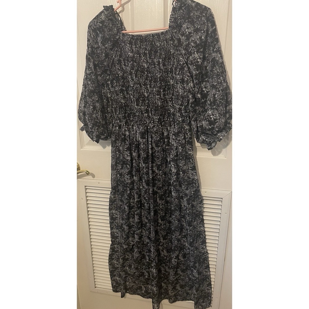 Baltic Born Black Floral Smocked Maxi Dress Large Cottagecore Puff Sleeve Boho - Picture 8 of 9